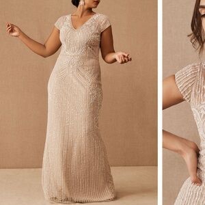 BHLDN Sanders Beaded Mesh Art Deco Vneck Cap Sleeve Formal Gown Nude, Sz 14